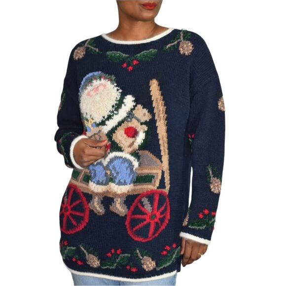 Ugly Christmas Sweater Santa Claus Vintage Northern Isles Tree Wreath Size Large - Picture 12 of 14